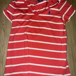 Ralph Lauren Coral and White‎ Striped V-Neck Tee
